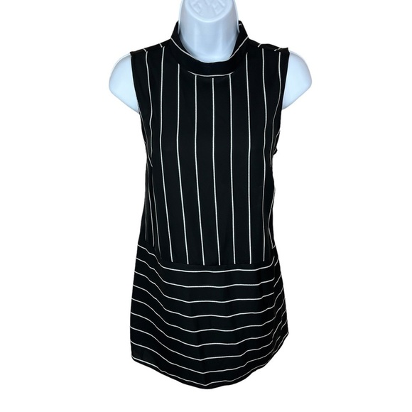 Small Nine West Black White Striped Satin Blouse Lightweight Classic Mock Neck - Picture 1 of 9